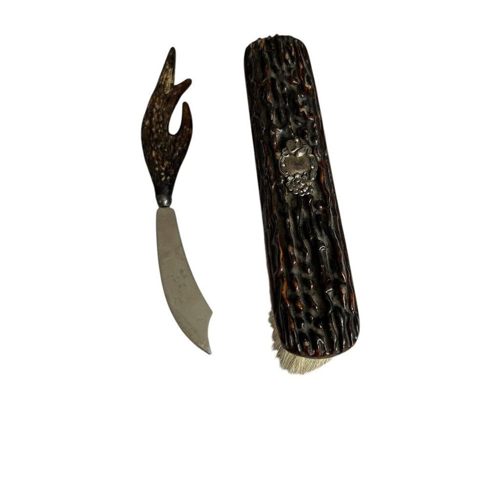 Antique Faux Antler Tree Bark Sterling Silver Clothing Brush And Letter Opener